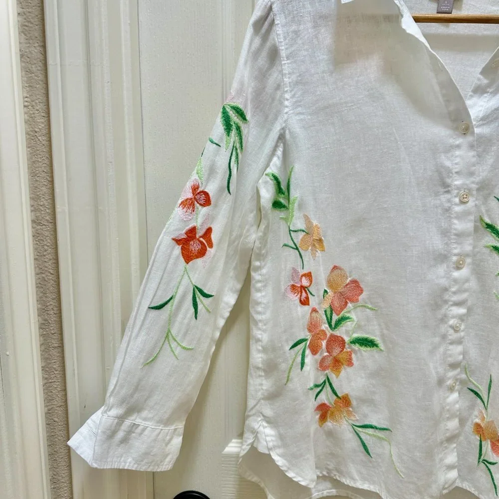 J.Jill 100% Linen Embroidery Shirt Blouse Women's Size S White Floral Button Up - Picture 3 of 16